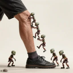 many tiny zombies climbing up a man's leg