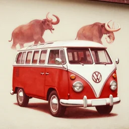 red ocher painted on the wall image of ancient vw bus, mammoths and hunters, ancient prehistoric rock art in a cave style