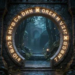 circular stone portal with glowing runes and a different world beyond::2, night, mystical lights, octane render, cinematic lighting