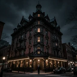haunted gothic hotel, 1 9 2 0 s boston overlooking a dark street, lovecraft, paul carrick, photorealistic, dark, atmospheric lighting, intricate, ultra detailed by paul carrick, lee gibbons, well composed, best on artstation, cgsociety, epic, stunning, gorgeous, intricate detail, wow, masterpiece