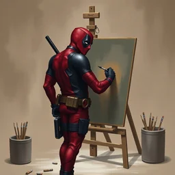 deadpool stands at his easel, painting a self portrait