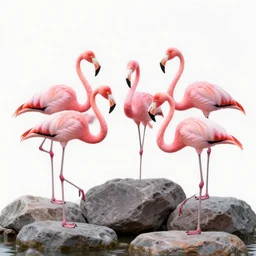 five pink flamingos breaking rocks with their beaks. hyper realist photo realist