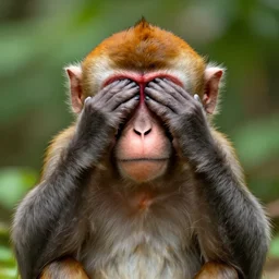 a monkey covering it's eyes with it's hands, digital art