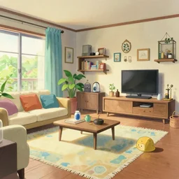 a modern interior living room, natural lighting, playful color scheme, intricate details, matte painting, illustration, by hayao miyazaki