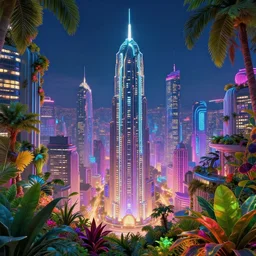 a beautiful futuristic cityscape, beautiful plants, breathtaking lights, night lights, brilliant lights, very detailed, 4 k, 8 k, sharp focus, surrealism, art deco, vibrant color scheme, cgsociety, 2 d art, acid pixie, by beeple