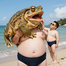leaked photo of a fat tiny midget man in a swimsuit wearing 1 9 8 0 s sunglasses holding and stroking the worlds largest toad with its mouth open