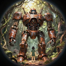 wholesome animation key shot, fish eye lens, intricate, standing under the rusty robot schwerer gustav!!!!, vines, abandoned, dappled light, tracy 1 6 8 graffiti!!!!!!, dandelion, ambient occlusion, studio ghibli, pixar, disney concept art watercolor illustration by craig mullins, dean cornwell, nc wyeth, satoshi kon!