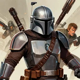 closeup potrait of the mandalorian in a battle, intricate, detailed illustration, digital art, frank miller, moebius, dan mumford, action pose, off angle camera tilt, dramatic camera angle, vector art