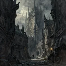 fantasy city with dark alleyways highly detailed, digital painting, concept art, matte, sharp focus, watercolor illustration, art by j w turner and roberto ferri, epic fantasy, moody, dark mood, digital painting