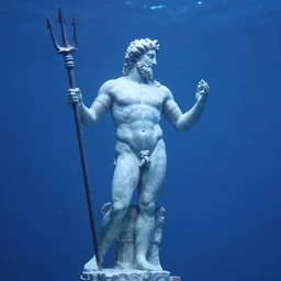 fish swimming, ancient greek sculpture poseidon statue with trident submerged underwater, photorealistic, blue and green water