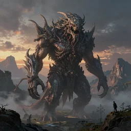 a photorealistic hyperrealistic render of a majestic painting of a lovecraftian monster towering over the surrounding mountains by pixar, greg rutkowski, wlop, artgerm, epic fantasy dramatic moody dawn lighting, long shadows, volumetric, cinematic atmosphere, octane render, artstation, 8 k