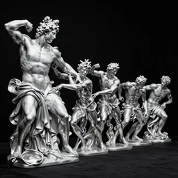 long line-up of polished platinum and crude oil laocoon and his sons struggling and twisted, intertwined full body view, jewelry photography, black background