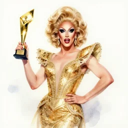 high quality head portrait watercolor of a drag queen wearing a gold gown, simple, intricate details, award - winning, sharp focus, 4 k, 8 k, dynamic pose, cinematic dramatic lighting, bright and colorful