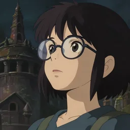 a closeup short of young girl with glasses looking to the sky, cinematic lighting, dramatic atmosphere, studio lighting delicate features finely detailed perfect art, at an ancient city, gapmoe yandere grimdark, trending on pixiv fanbox, painted by greg rutkowski makoto shinkai takashi takeuchi studio ghibli