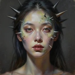 a beautiful woman with spines growing from her face, painted by artgerm and tom bagshaw, fantasy art, dramatic lighting, highly detailed oil painting