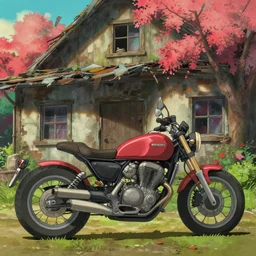 science fiction motorcycle parked in front of a dilapidated old house, medium shot, studio Ghibli, Pixar and Disney animation, sharp, very detailed, high resolution, Rendered in Unreal Engine 5, anime key art by Greg Rutkowski, Bloom, dramatic lighting, colorful