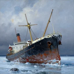 an imposing leaning tallship shipwreck covered in ice dramatic light, painted by anders zorn and craig mullins