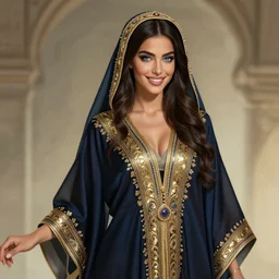 a beautiful arabian woman wearing a kaftan by karol bak, ayami kojima, artgerm, arabian beauty, blue eyes, smile, concept art, fantasy