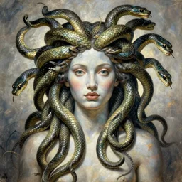 portrait of a powerful medusa with many pythons by egon schiele in the style of greg rutkowski