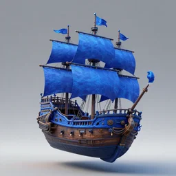 matte painting of floating pirate ship, blue. magic. artstation
