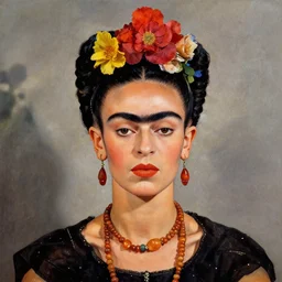 a portrait of frida kahlo, with colorful flowers in her hair