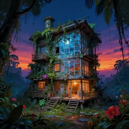 a beautiful ultradetailed illustration of abandoned architecture tiny home by winslow homer, tokyo assassin's creed alien hyperrealism at night made of glass thermal vision nightsky junglepunk sunset retrowave fisheye darkacademia flowers, archdaily, wallpaper, highly detailed, trending on artstation.