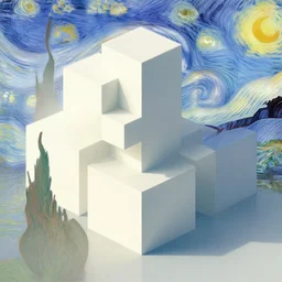 beautiful day in kyoto. fibonacci cubes and prisms. retro minimalist art by jean giraud and van gogh.