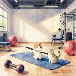 watercolor illustration style, cute! cats!! training in the fitness studio, sports equipment laying around!