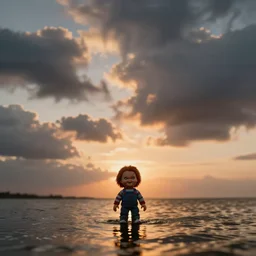 wide angle photograph of dramatic sunset sky clouds above a tiny screaming chucky doll in water realistic cinematic porta film