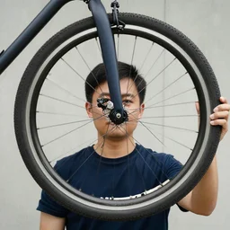 a man with a bicycle wheel head