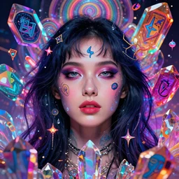 cosmic girl surrounded by symbols, medium close - up, realistic face, psychedelic crystal background, bright neon colors, highly detailed, cinematic, eyvind earle, tim white, philippe druillet, roger dean, lisa frank, aubrey beardsley, hiroo isono