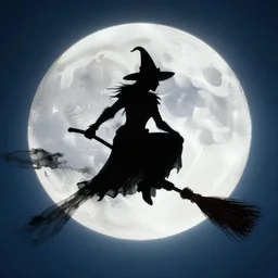 wicked witch riding her favorite broom. silhouette across the full moon.