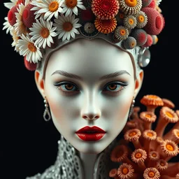 beautiful porcelain ivory fair skin woman, red plump lips, round well - defined dark hazel eyes, biomechanical cyborg, elegant haute couture, iris van herpin, laser cut paper, headdress with daisies, colorful puffballs, mushrooms, rhizomorphs, brackets, fractal sponge corals, monochromatic, hyper detailed, ultra sharp, soft light, giger, 8 k,