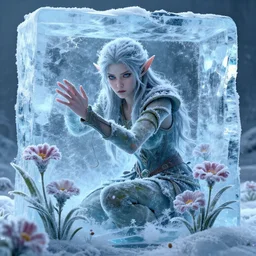 a fantasy elf woman trapped and frozen trying to get out of a block of clear ice, with frozen flowers around her, treding artstation, greg rutkowski, cinema 4 d, cinematographic, greg rutkowski