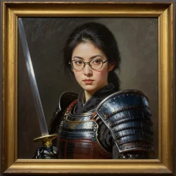 greg manchess oil matte portrait painting, japanese female knight with glasses, sword and shield, rectangular frame, wonderful masterpiece highly detailed, scifi, beautiful cinematic light deep focus, elegant, digital painting, smooth, sharp focus, golden ratio, dramatic illumination, ultra realistic, 4 k, art by greg rutkowski wlop rossdraws
