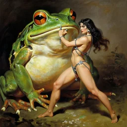 A barbarian woman in bikini chainmail fighting a giant frog painted by Frank Frazetta