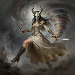 character concept art of sorceress wearing half horned mask and boots wielding knives flying inside a tornado, full body shot, gown, crossing legs, fantasy painterly style, intricate details, artwork by ross tran, artgerm, eimbrodered clothing,