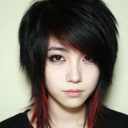 a pale emo girl with short black hair, a red streak, soft facial features, sideswept bangs, 2 0 0 8, myspace photo