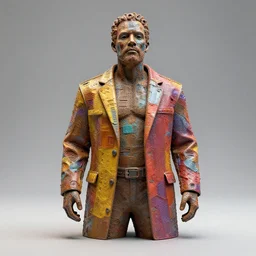recycled iron sculpture of samuel l. jackson, wide shot, vibrant color details, zbrush, hyper realistic, golden ratio, macro lens, unreal engine, octane render, symmetri