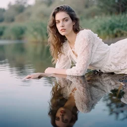 kodak color plus 2 0 0 photo portrait of a beautiful woman near a calm river mirroring yourself in the water, dress beauty lace inspired by a female narciso in style of nicholas fols, britt marling style 3 / 4, 1 5 0 mm, soft blur light, volumetric lighting, highly detailed, realistic, refined, highly detailed, interstellar outdoor soft pastel mute colours scheme, outdoor fine art photography, hyper realistic, photo realistic