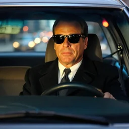1 9 9 7 andy richter wearing a black wool coat and necktie in his car driving through the streets of chicago at night, wearing a pair of black sunglasses, city lights reflecting off of car and sunglasses