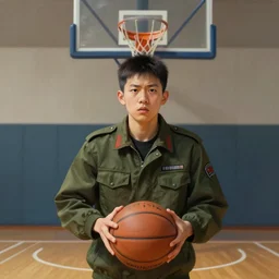portrait of a boy at a basketball court playing basketball wearing a military jacket in a basketball court standing near the basketball hoop, intense emotion, detailed facial expression, detailed surroundings, intricate, elegant, highly detailed, centered, digital painting, artstation, concept art, smooth, sharp focus, illustration, by (Peter Mohrbacher), WLOP