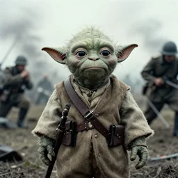 Yoda as a Russian soldier in WW2, Battle of Stalingrad 1943, 4K, 30mm film stock, high detail, historical