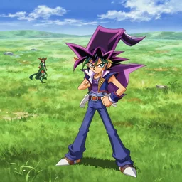 film still of Yugi Muto playing Yu-Gi-Oh against Sauron from Lord of the Rings,Anime Artstyle by Kazuki Takahashi, midday, grassy landscape, long shot, wide shot, fullshot