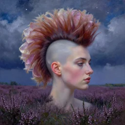 closeup, gigantic flower head mohawk, woman in heather field, surreal photography, starlight, storm clouds, impressionist painting, digital painting, artstation, simon stalenhag