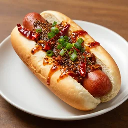 “Chicago-style hot dog with Sichuan hot pot dried chili peppers, Sichuan peppercorn sauce and green onions, award winning photography, 40mm, f4”