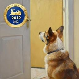 painting of a dog staring at a door, award winning