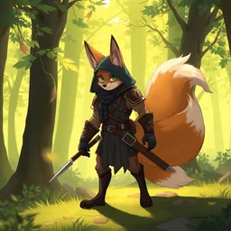 an anthropomorphic medieval fox assassin with a fluffy tail in the forest, trending on artstation, trending on furaffinity, digital art, by kawacy, anime, furry art, warm light, backlighting, cartoon
