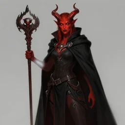 Dungeons and Dragons character art for a female tiefling with red skin, horns, and a black cloak