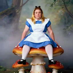 annie leibovitz photoshoot of fat marlon brando dressed as alice from alice in wonderland, sitting on a giant mushroom, vibrant colors, atmospheric, mist, magical, fantasy, studio lighting, soft focus